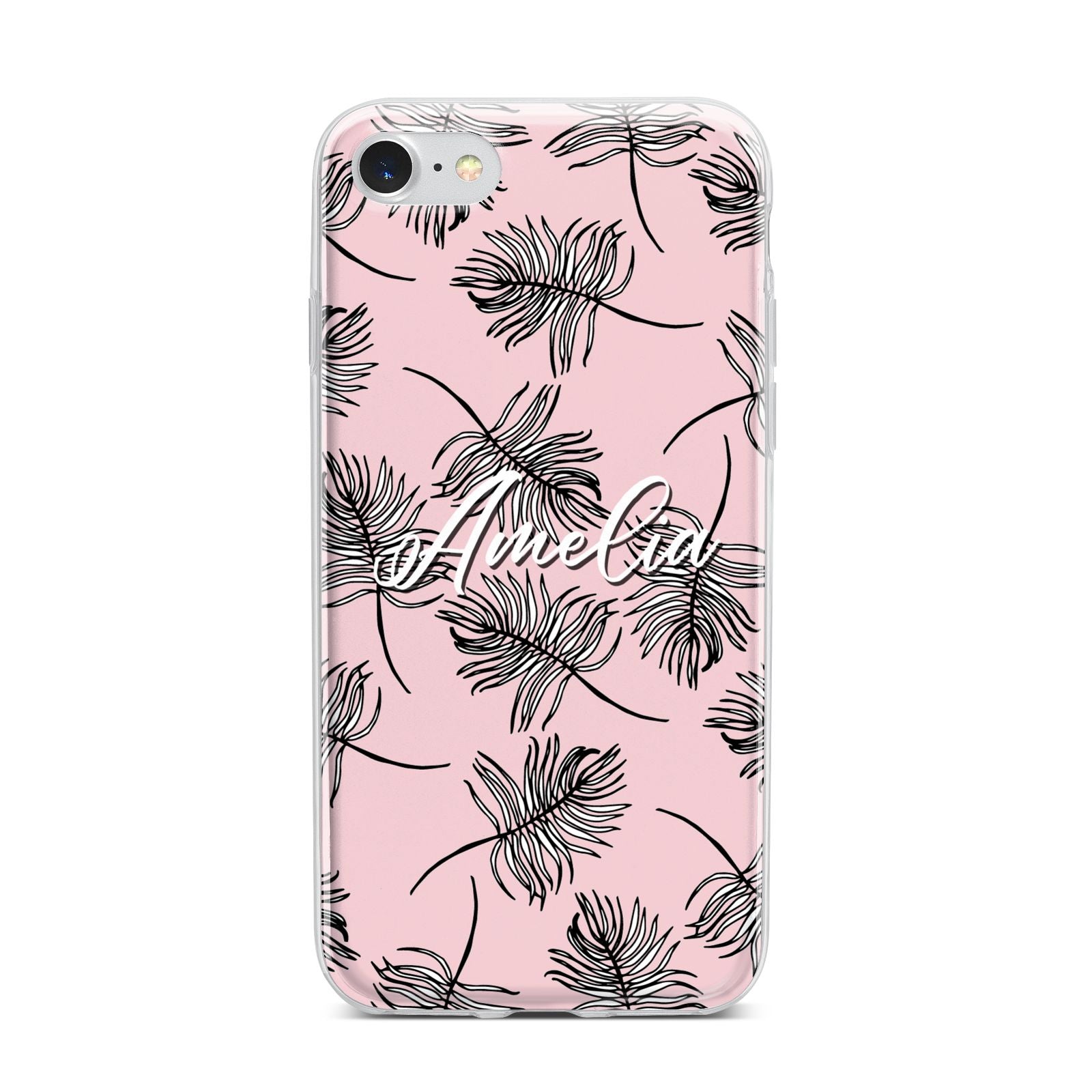 Personalised Pink Monochrome Tropical Leaf iPhone 7 Bumper Case on Silver iPhone