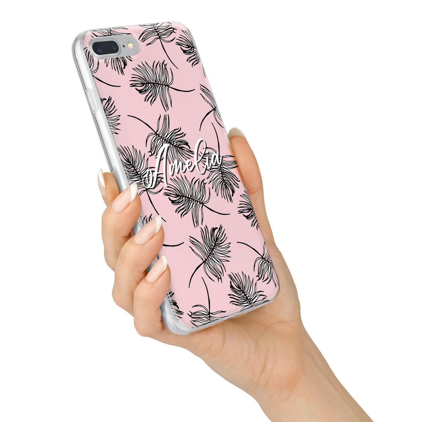 Personalised Pink Monochrome Tropical Leaf iPhone 7 Plus Bumper Case on Silver iPhone Alternative Image