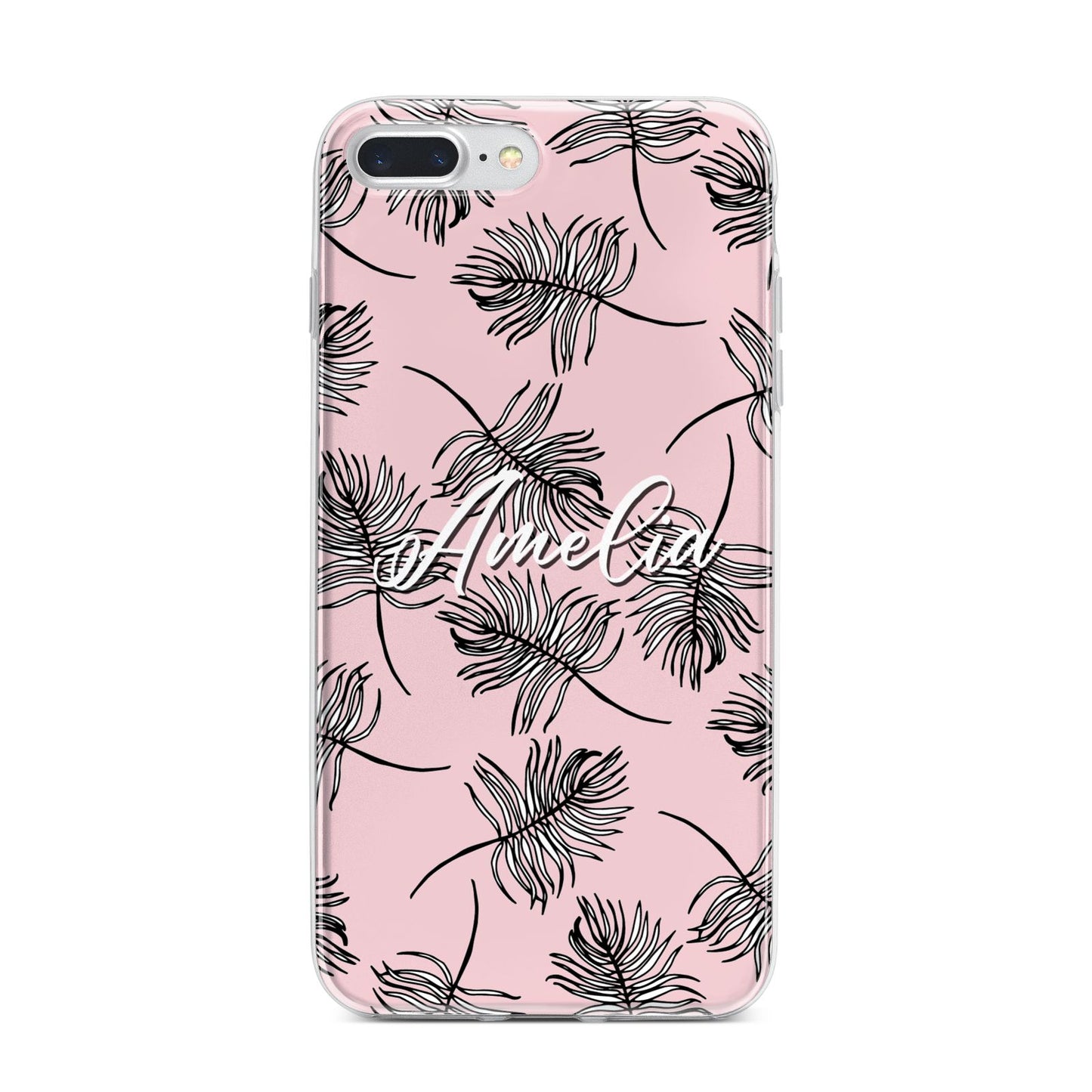 Personalised Pink Monochrome Tropical Leaf iPhone 7 Plus Bumper Case on Silver iPhone