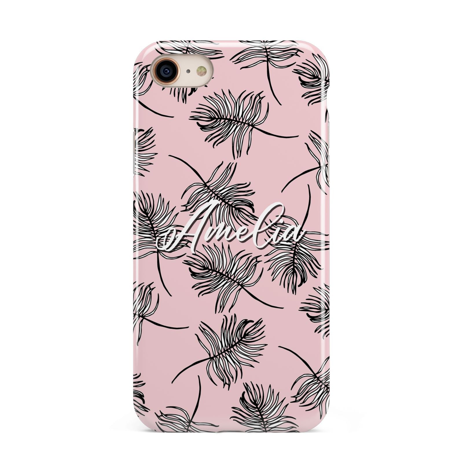 Personalised Pink Monochrome Tropical Leaf iPhone 8 3D Tough Case on Gold Phone