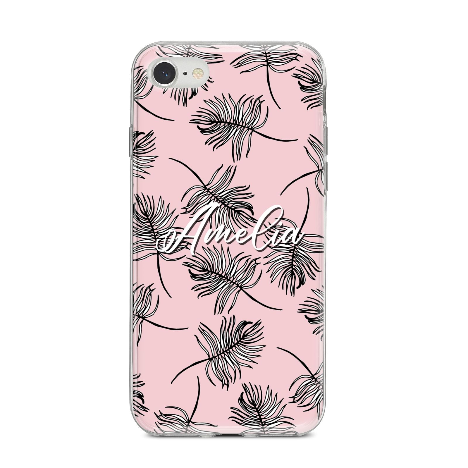 Personalised Pink Monochrome Tropical Leaf iPhone 8 Bumper Case on Silver iPhone