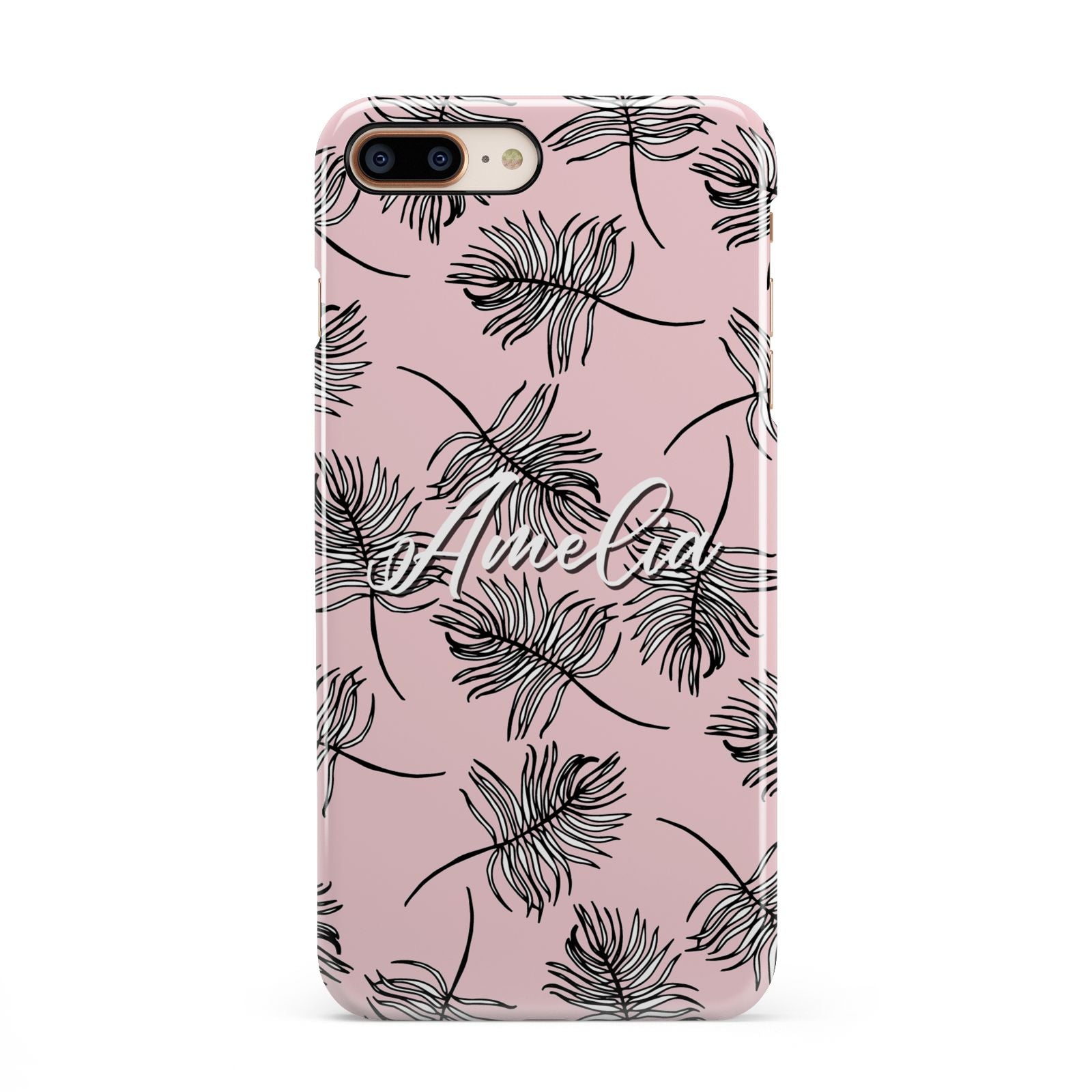 Personalised Pink Monochrome Tropical Leaf iPhone 8 Plus 3D Snap Case on Gold Phone