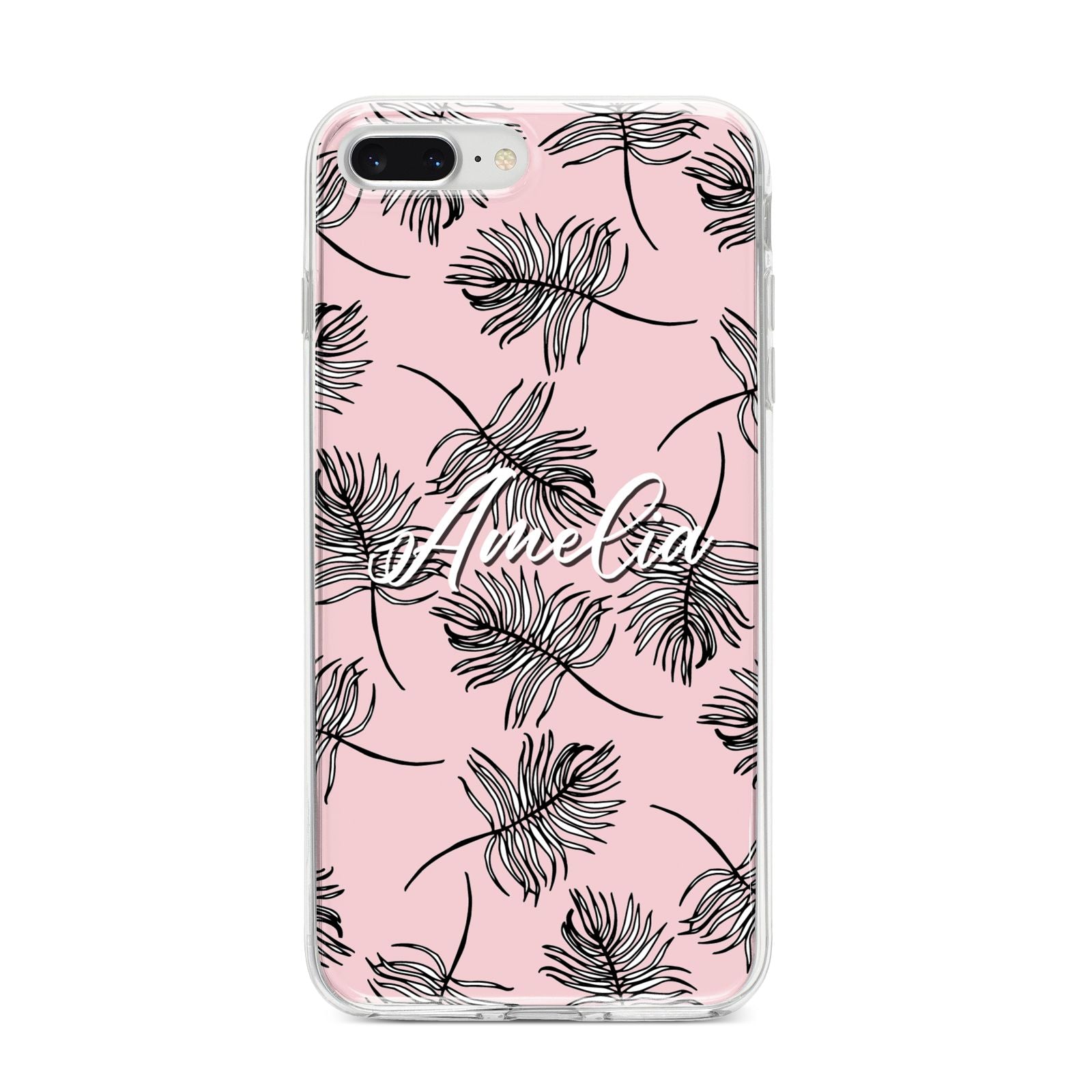 Personalised Pink Monochrome Tropical Leaf iPhone 8 Plus Bumper Case on Silver iPhone