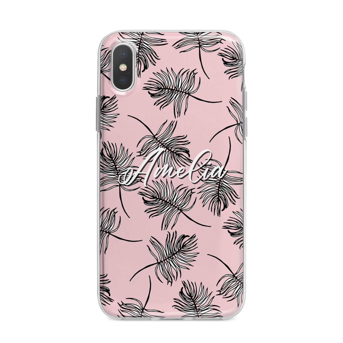 Personalised Pink Monochrome Tropical Leaf iPhone X Bumper Case on Silver iPhone Alternative Image 1