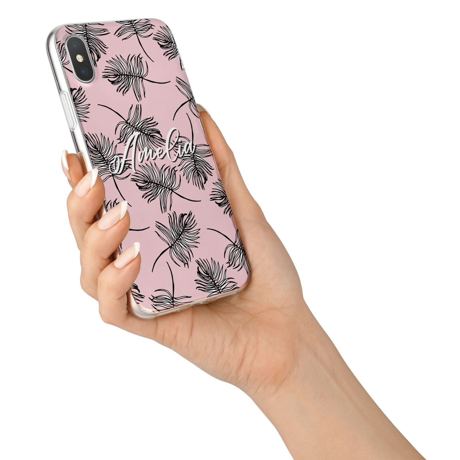 Personalised Pink Monochrome Tropical Leaf iPhone X Bumper Case on Silver iPhone Alternative Image 2