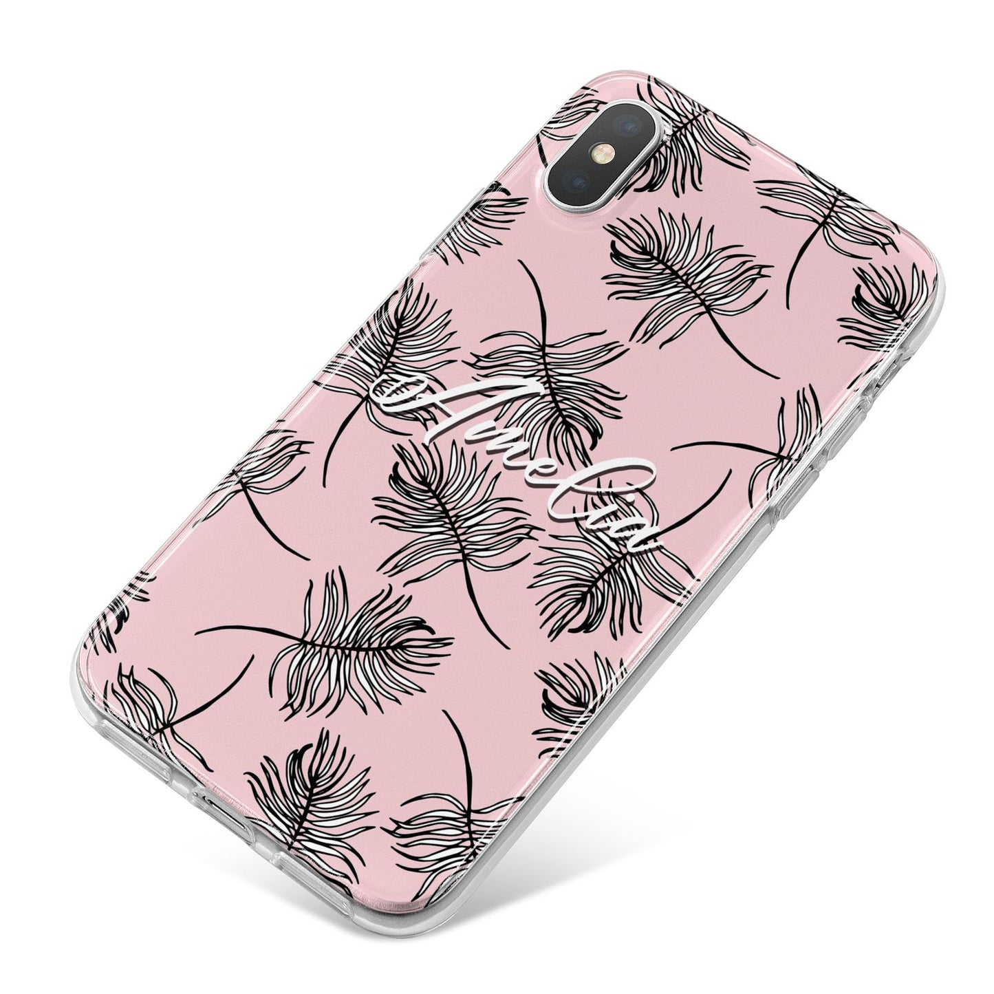 Personalised Pink Monochrome Tropical Leaf iPhone X Bumper Case on Silver iPhone