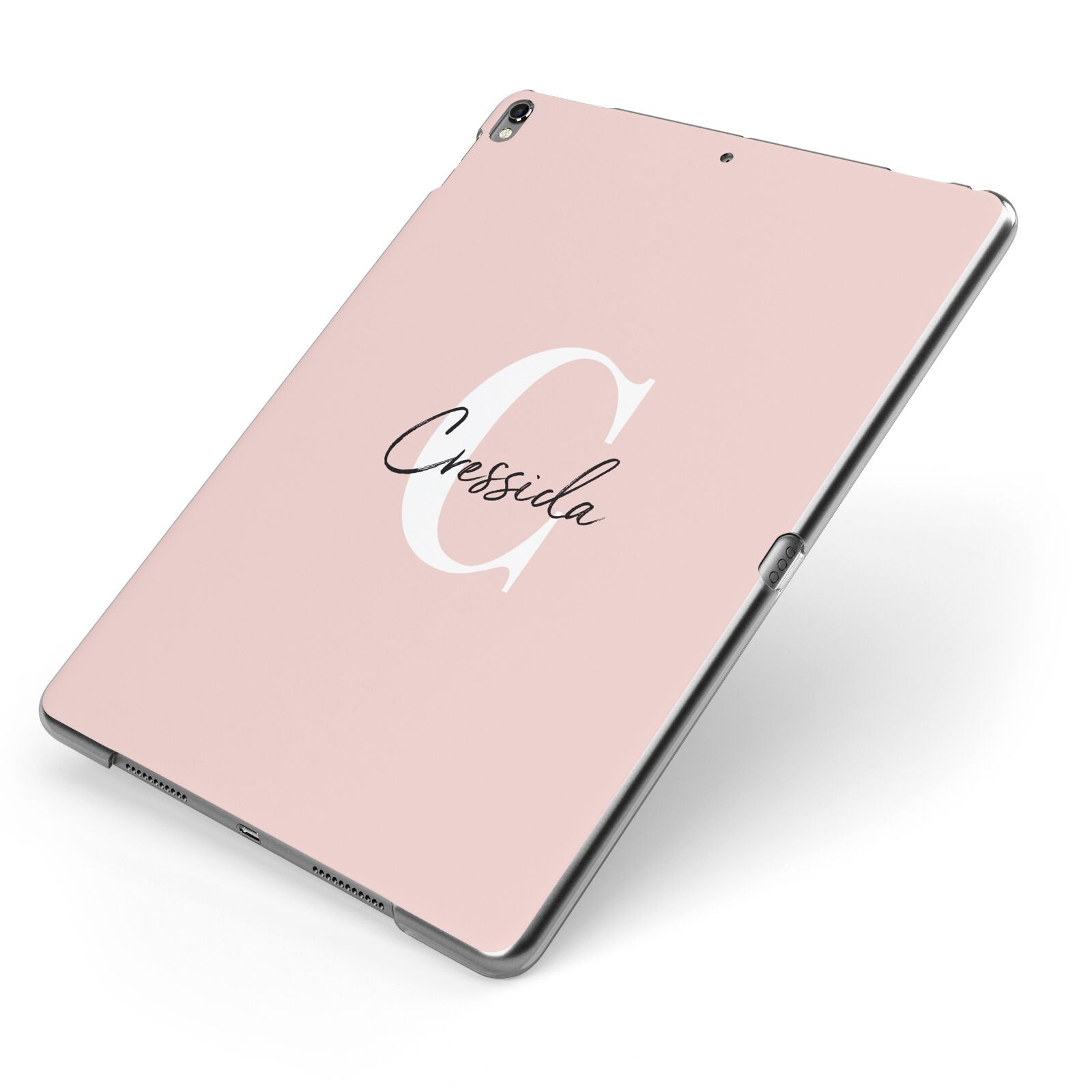 Personalised Pink Name and Initial Apple iPad Case on Grey iPad Side View