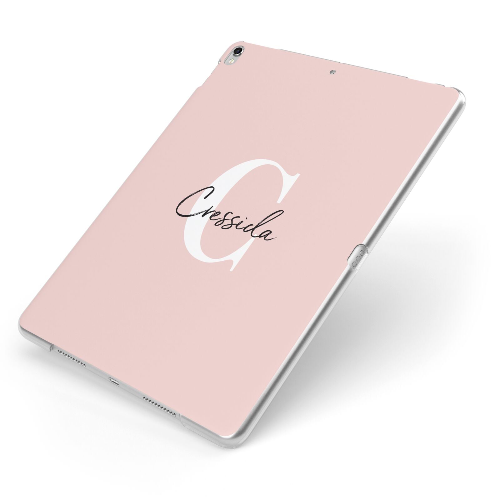 Personalised Pink Name and Initial Apple iPad Case on Silver iPad Side View