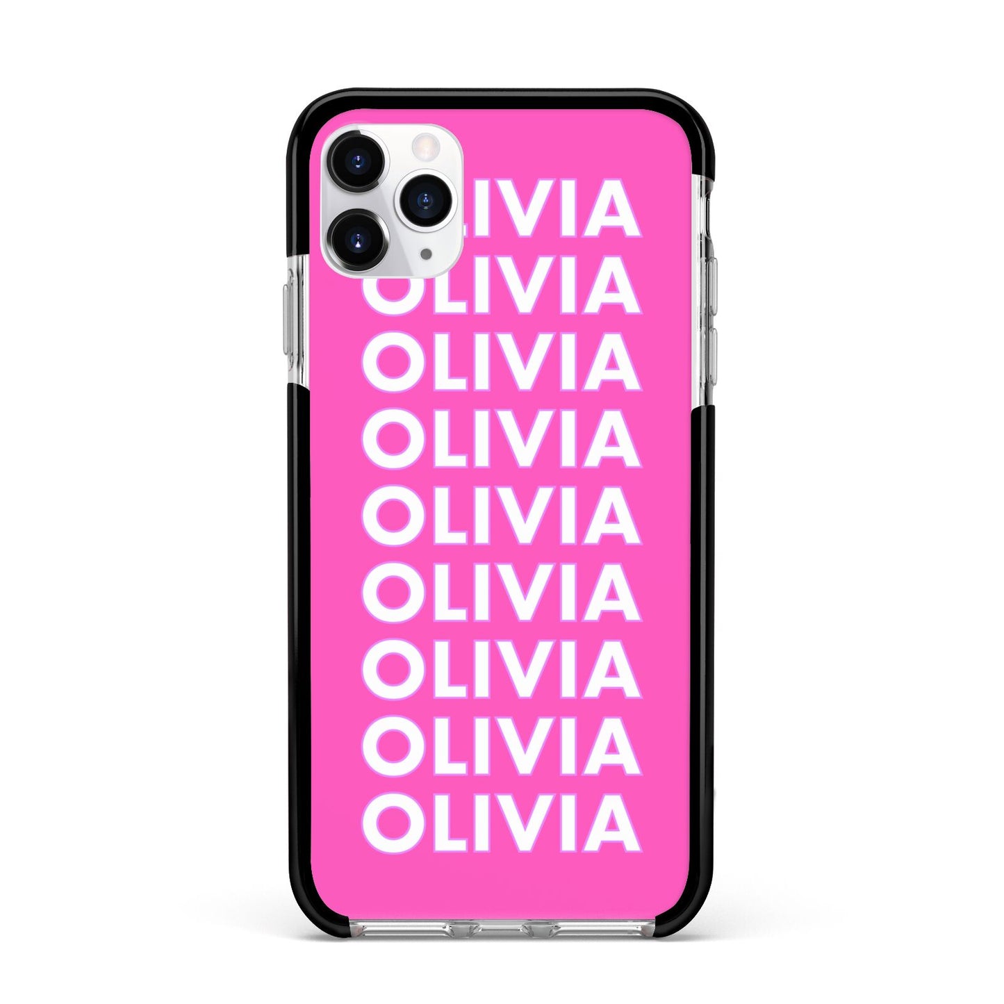 Personalised Pink Names Apple iPhone 11 Pro Max in Silver with Black Impact Case