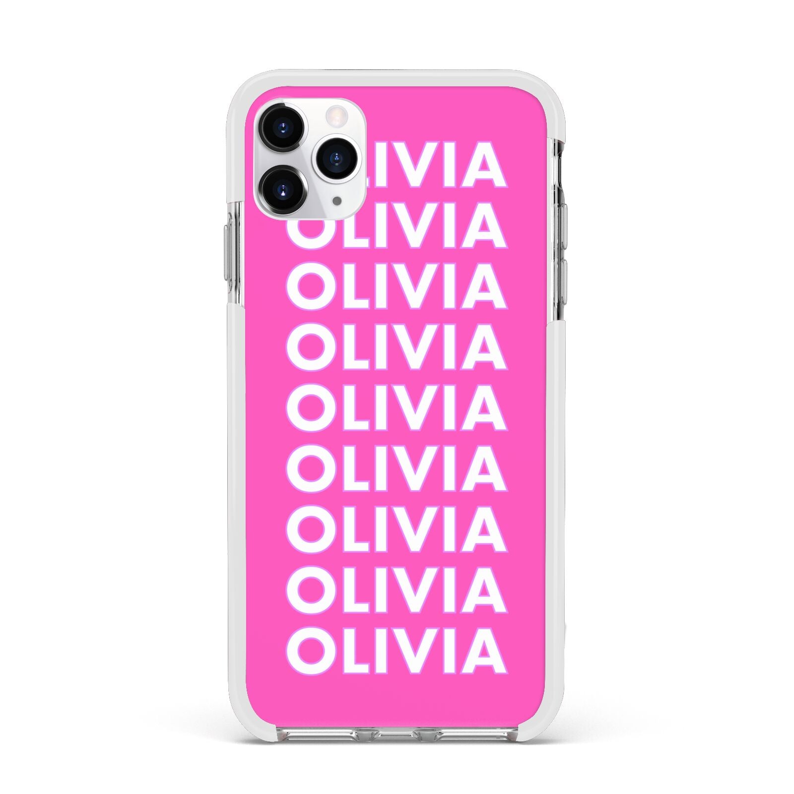 Personalised Pink Names Apple iPhone 11 Pro Max in Silver with White Impact Case