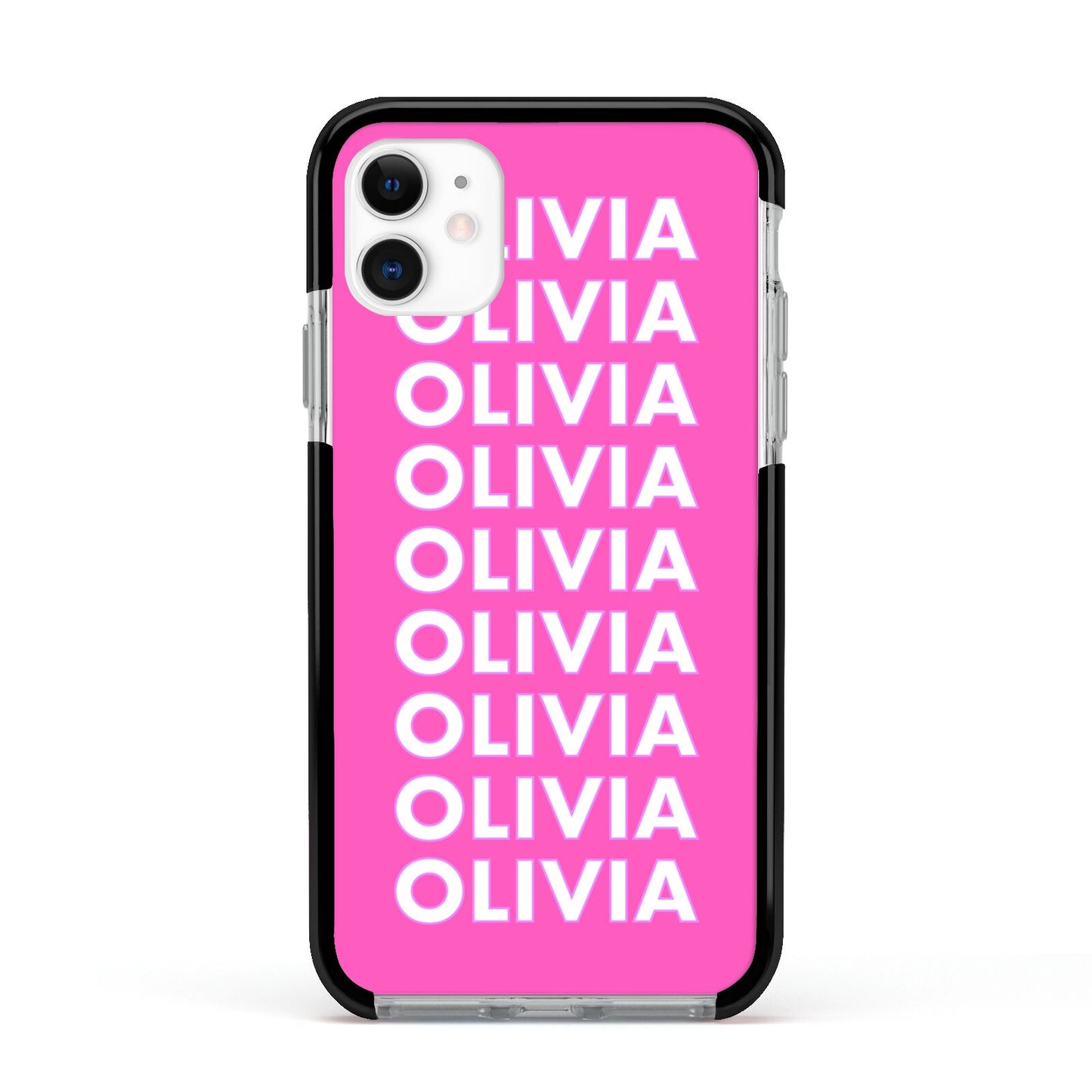 Personalised Pink Names Apple iPhone 11 in White with Black Impact Case