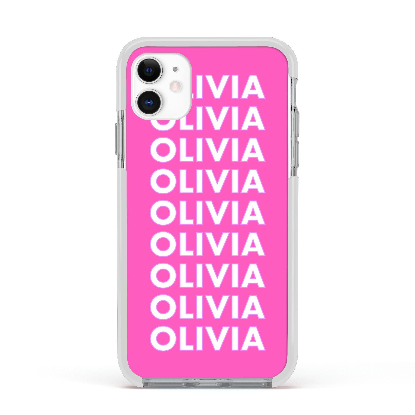 Personalised Pink Names Apple iPhone 11 in White with White Impact Case