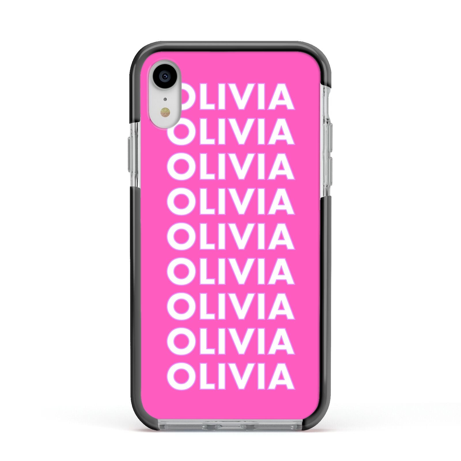 Personalised Pink Names Apple iPhone XR Impact Case Black Edge on Silver Phone