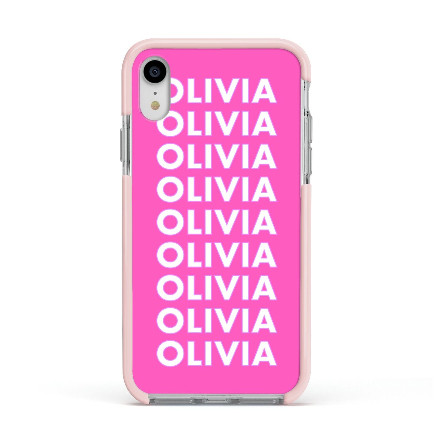 Personalised Pink Names Apple iPhone XR Impact Case Pink Edge on Silver Phone