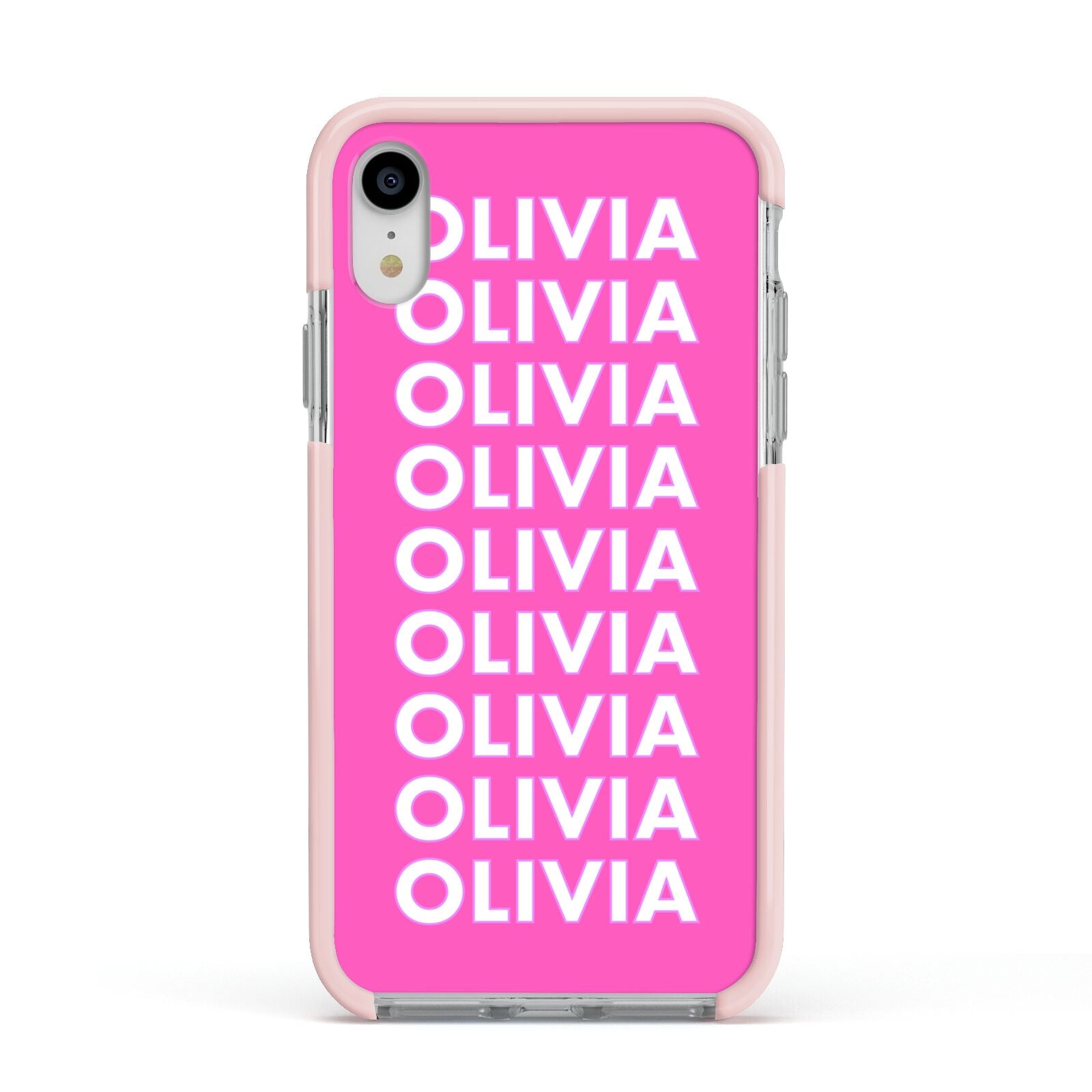 Personalised Pink Names Apple iPhone XR Impact Case Pink Edge on Silver Phone