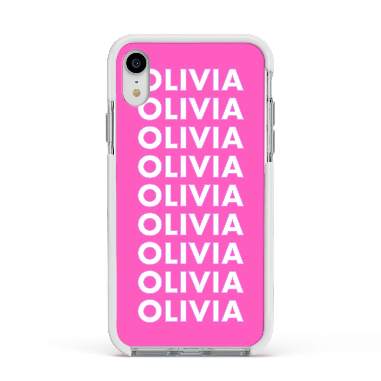 Personalised Pink Names Apple iPhone XR Impact Case White Edge on Silver Phone