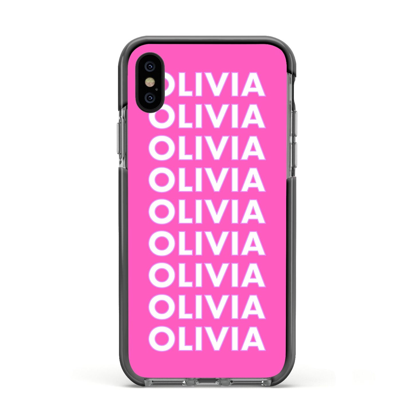 Personalised Pink Names Apple iPhone Xs Impact Case Black Edge on Black Phone