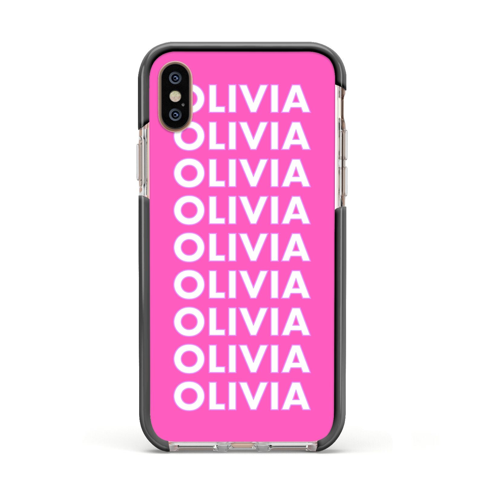 Personalised Pink Names Apple iPhone Xs Impact Case Black Edge on Gold Phone