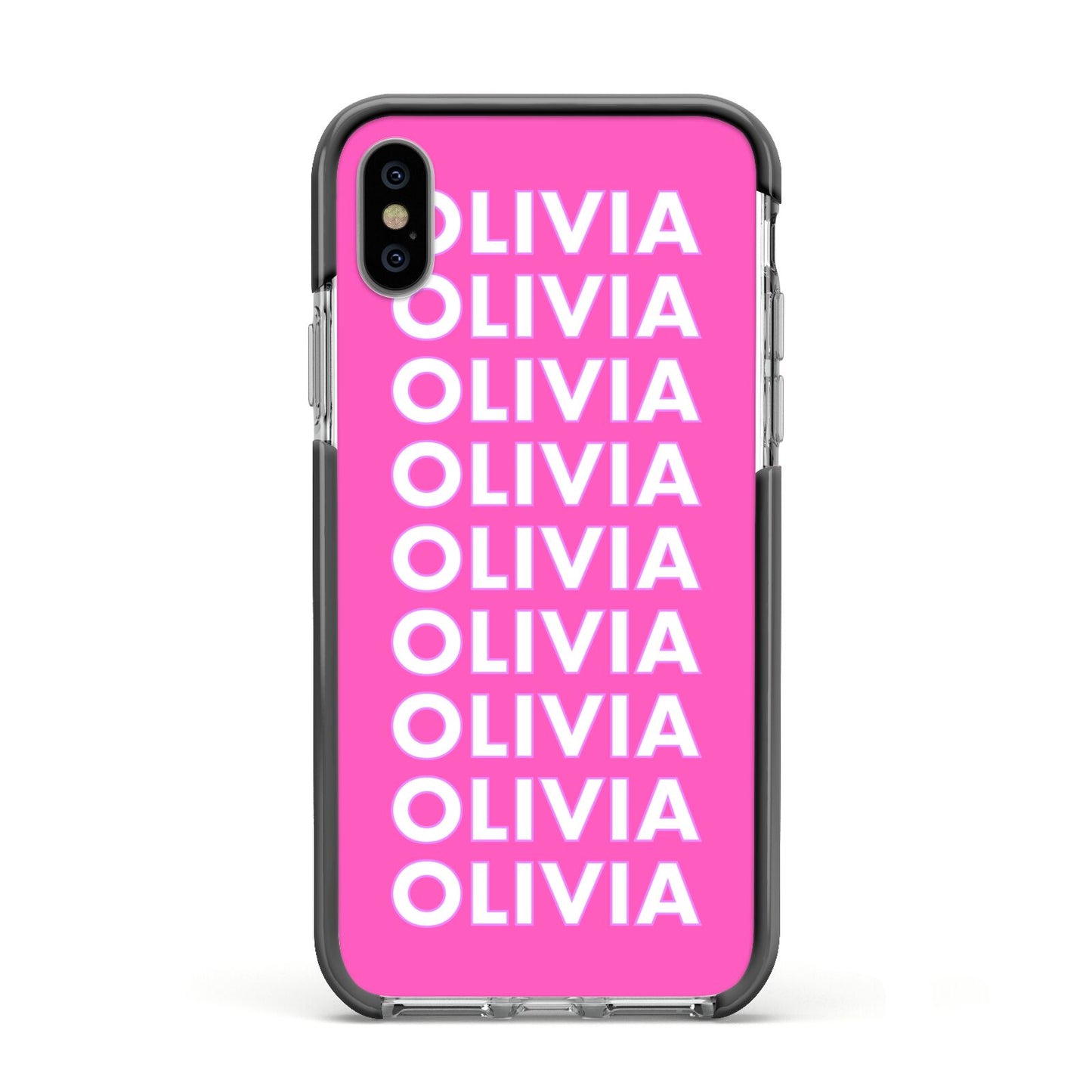 Personalised Pink Names Apple iPhone Xs Impact Case Black Edge on Silver Phone