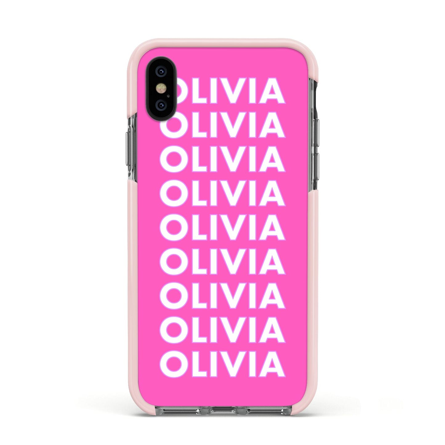 Personalised Pink Names Apple iPhone Xs Impact Case Pink Edge on Black Phone