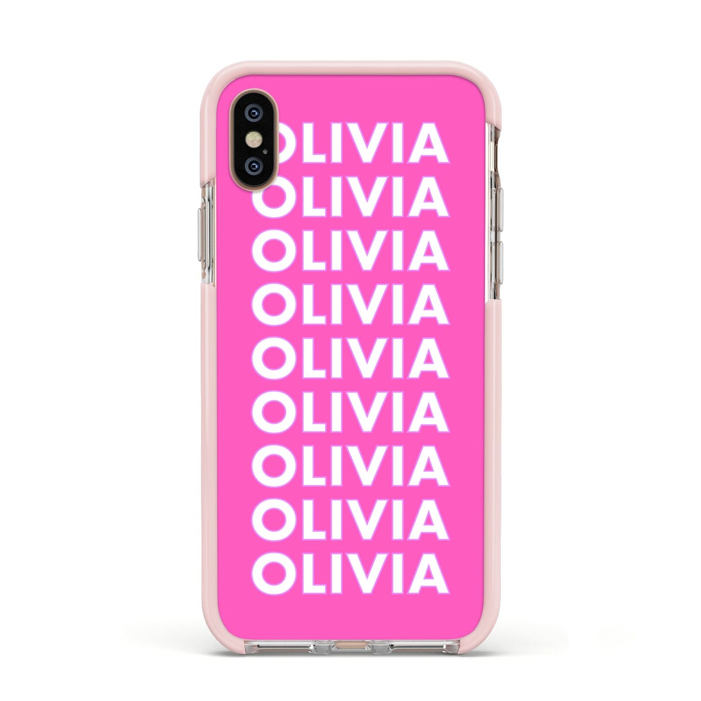 Personalised Pink Names Apple iPhone Xs Impact Case Pink Edge on Gold Phone