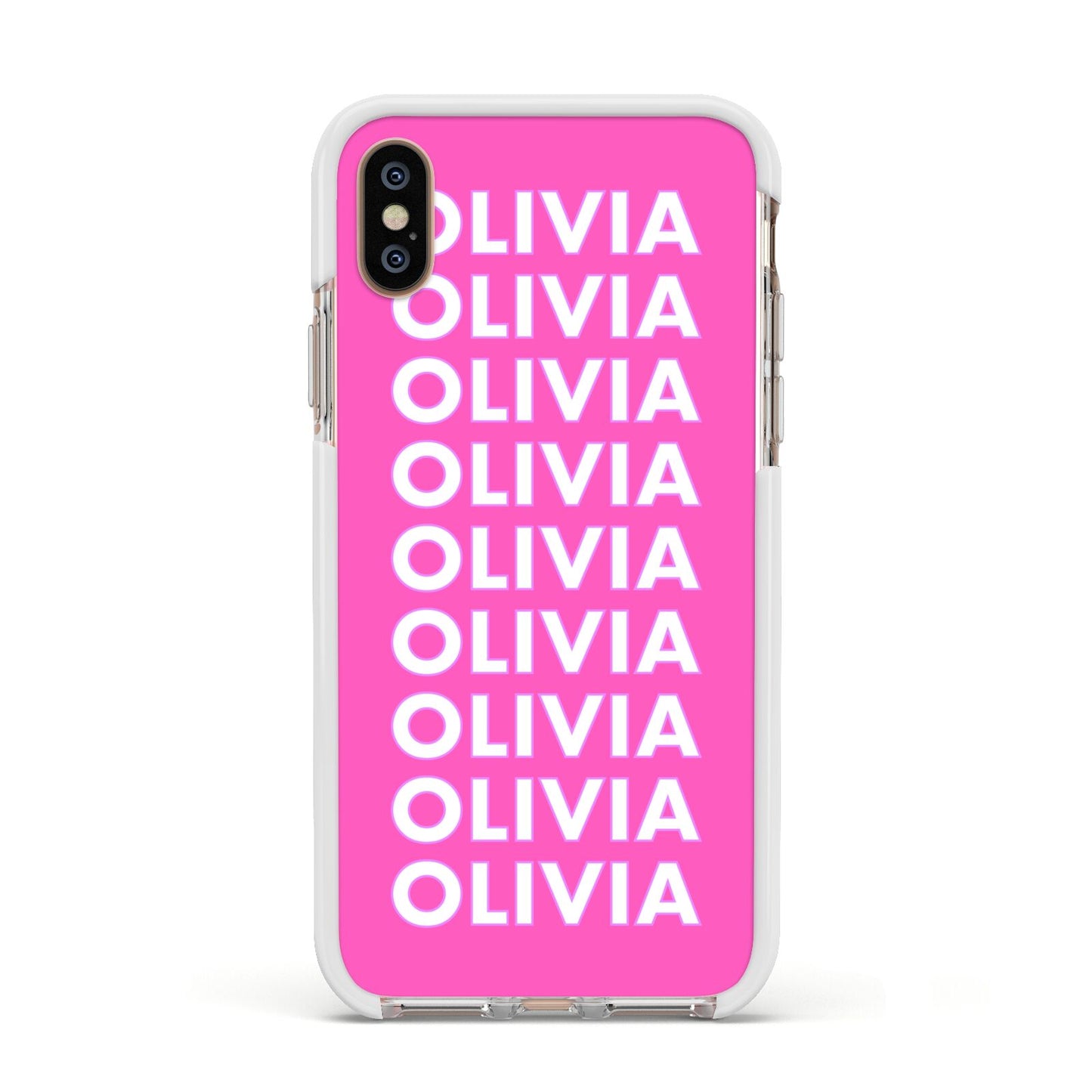 Personalised Pink Names Apple iPhone Xs Impact Case White Edge on Gold Phone