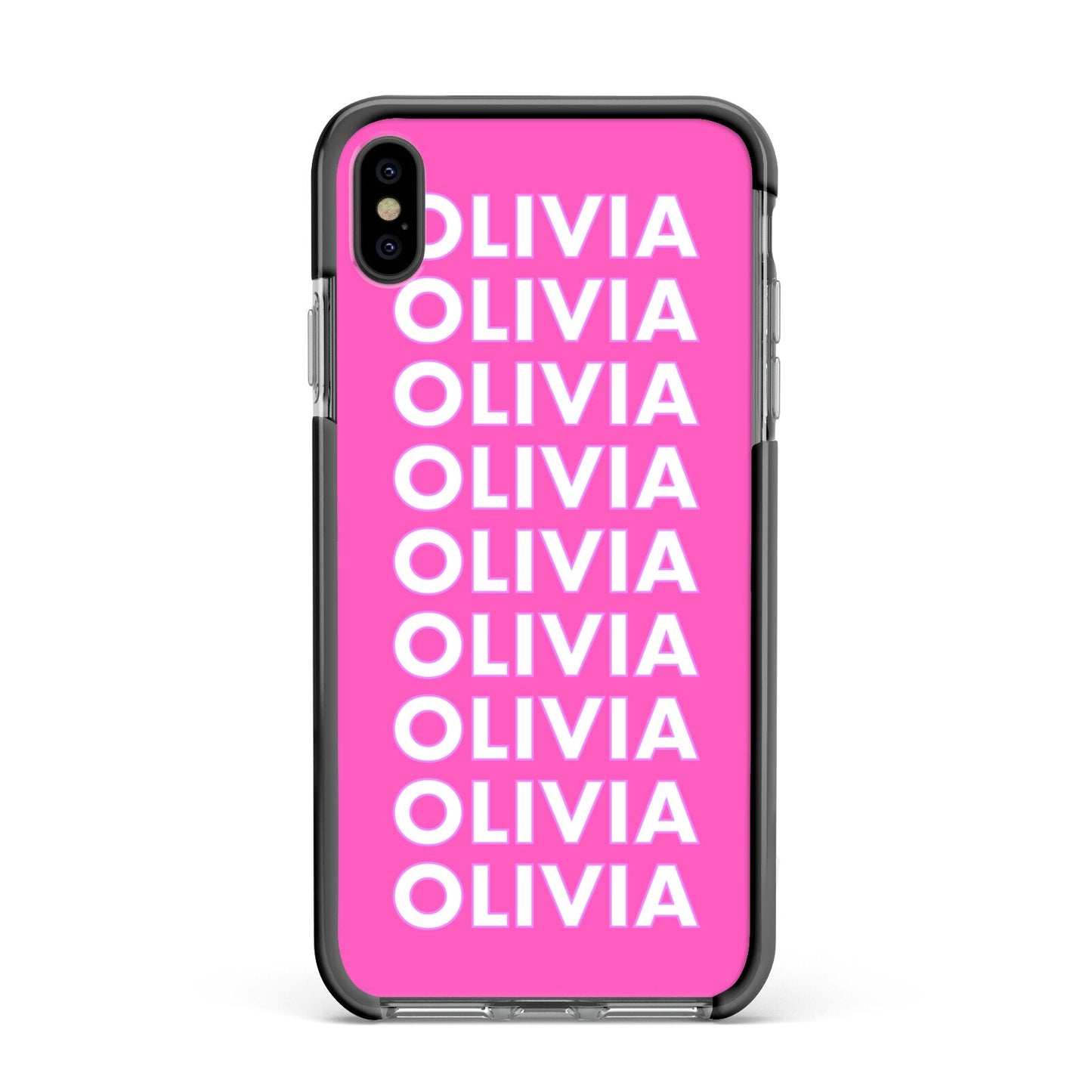 Personalised Pink Names Apple iPhone Xs Max Impact Case Black Edge on Black Phone