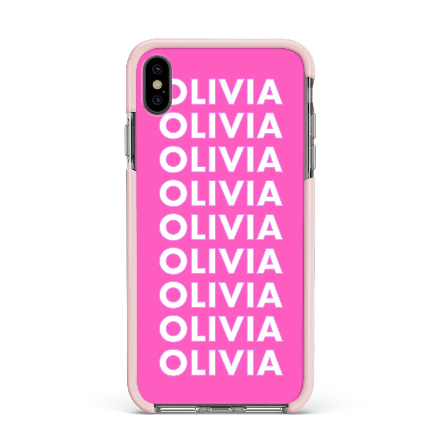 Personalised Pink Names Apple iPhone Xs Max Impact Case Pink Edge on Black Phone