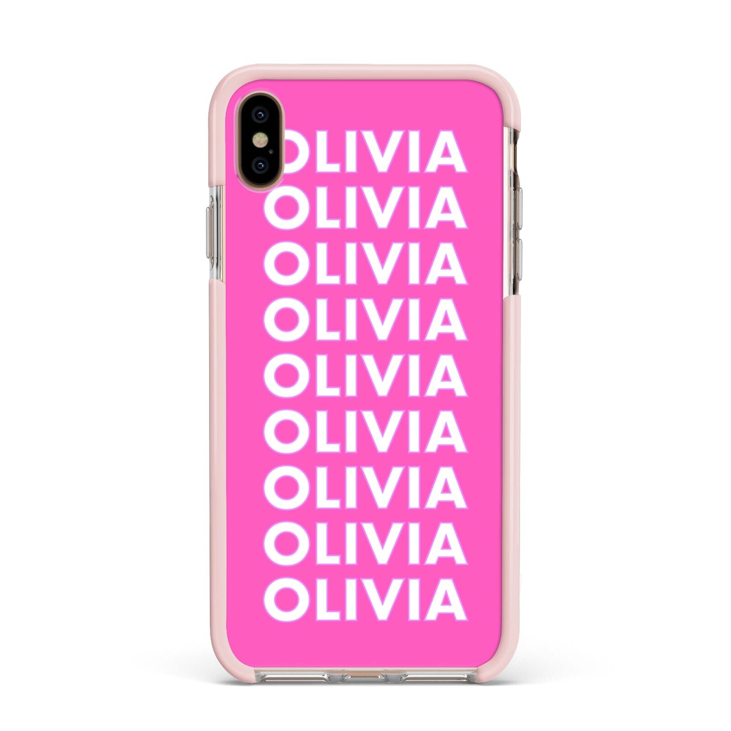 Personalised Pink Names Apple iPhone Xs Max Impact Case Pink Edge on Gold Phone