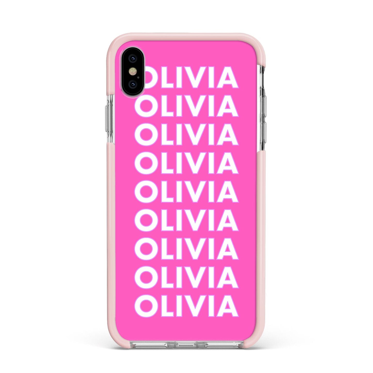 Personalised Pink Names Apple iPhone Xs Max Impact Case Pink Edge on Silver Phone