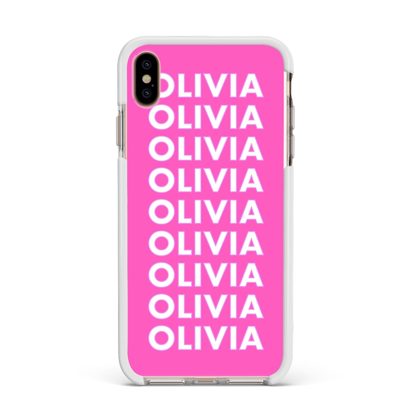 Personalised Pink Names Apple iPhone Xs Max Impact Case White Edge on Gold Phone