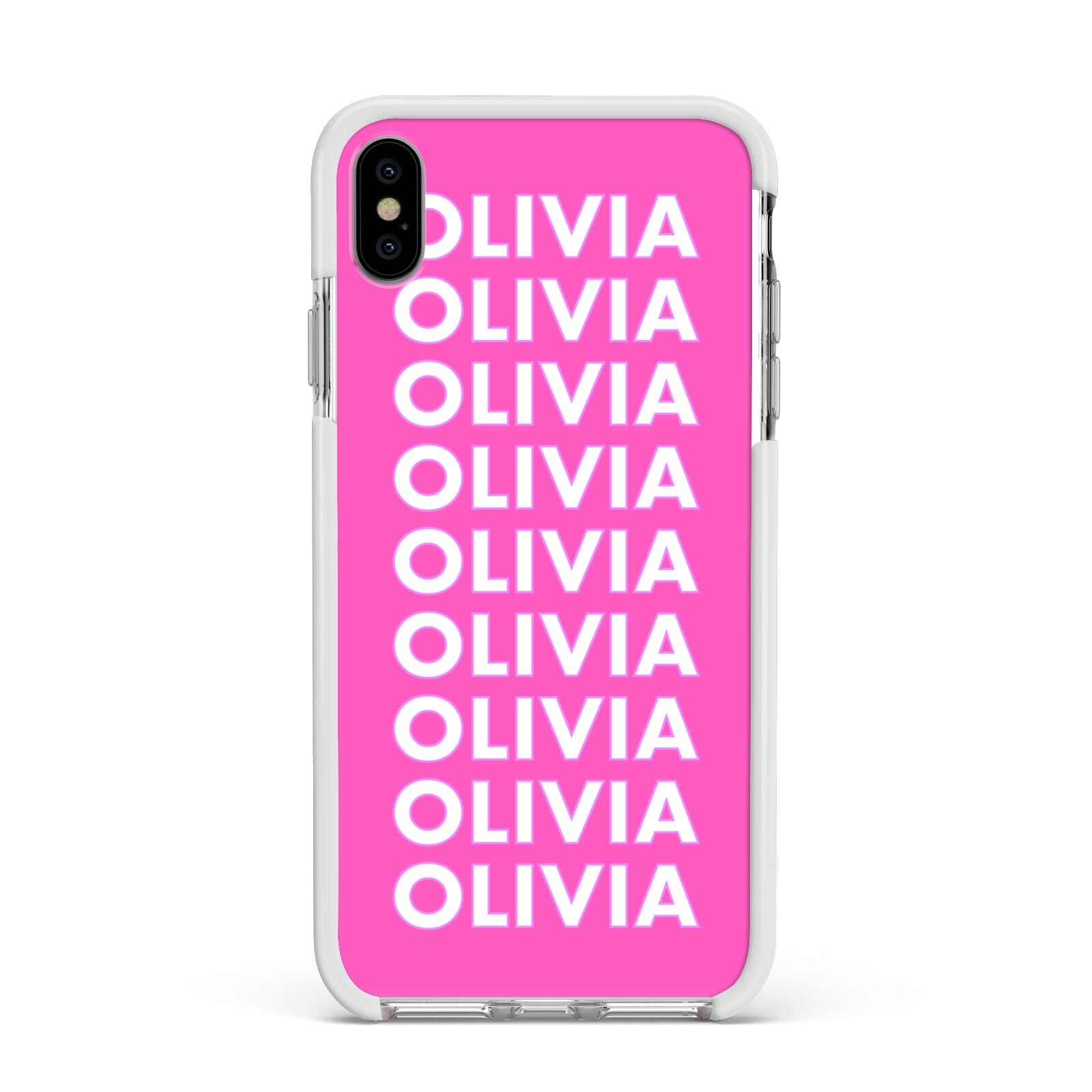 Personalised Pink Names Apple iPhone Xs Max Impact Case White Edge on Silver Phone