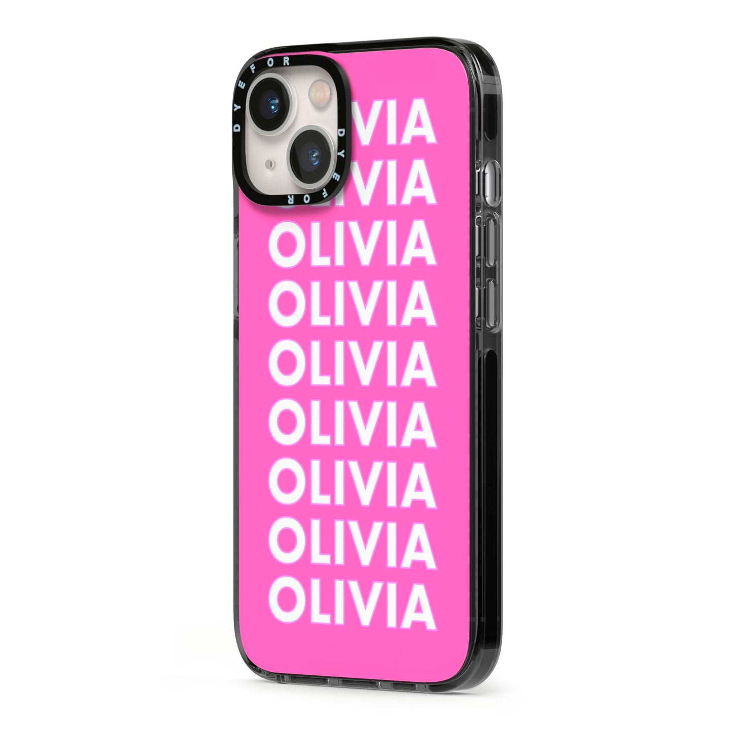 Personalised Pink Names iPhone 13 Black Impact Case Side Angle on Silver phone