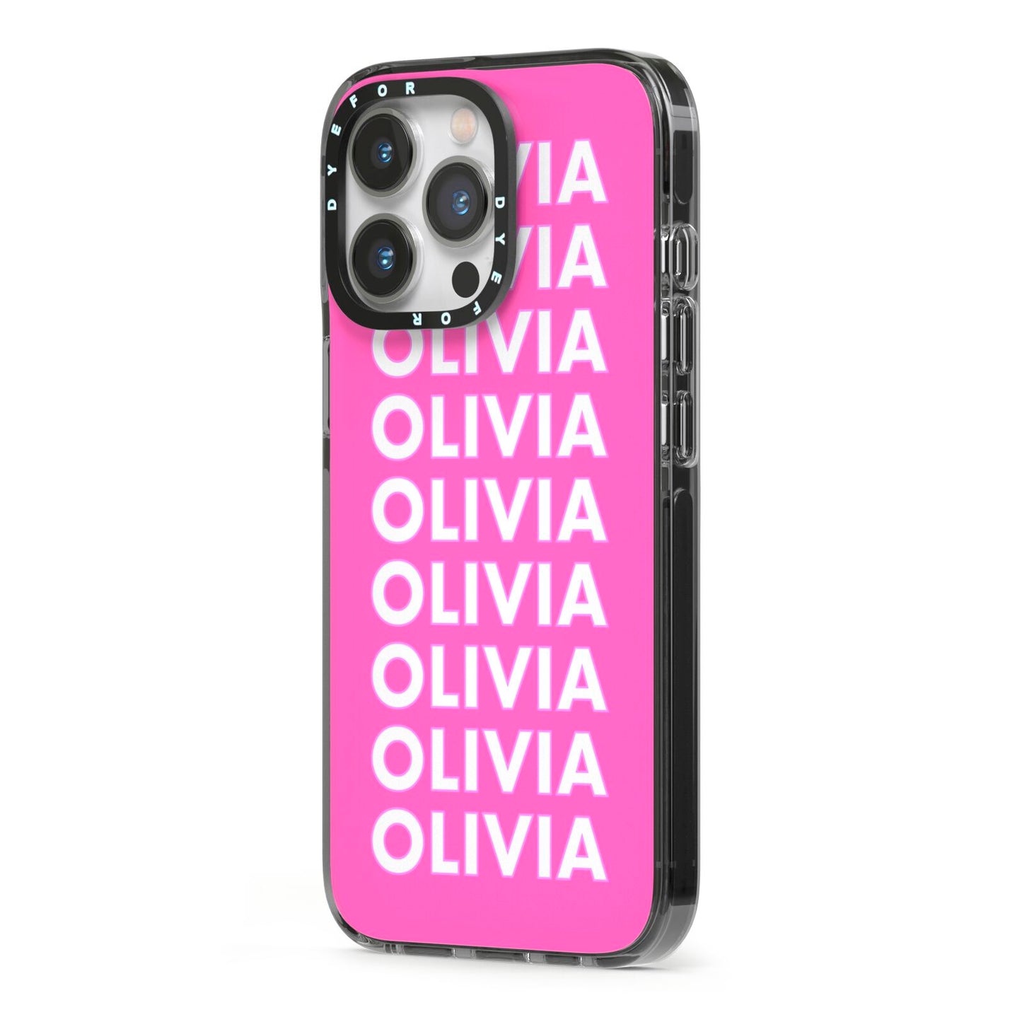 Personalised Pink Names iPhone 13 Pro Black Impact Case Side Angle on Silver phone