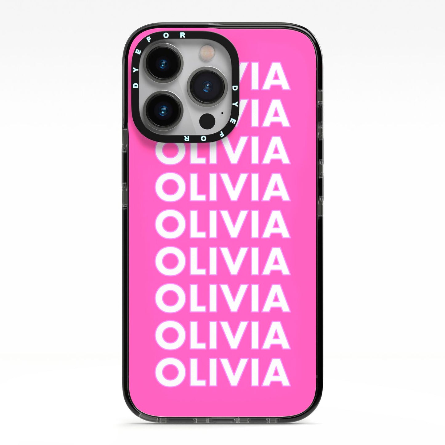 Personalised Pink Names iPhone 13 Pro Black Impact Case on Silver phone