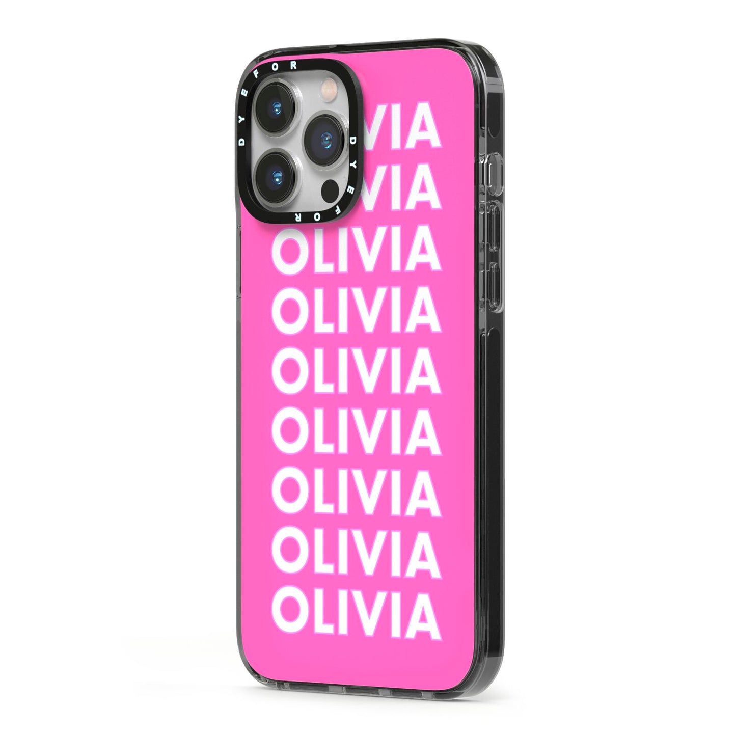 Personalised Pink Names iPhone 13 Pro Max Black Impact Case Side Angle on Silver phone