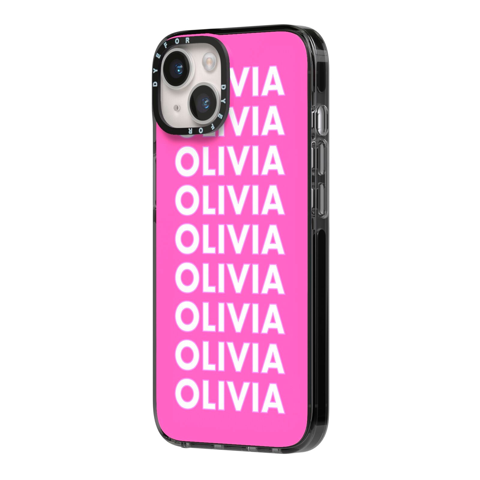 Personalised Pink Names iPhone 14 Black Impact Case Side Angle on Silver phone