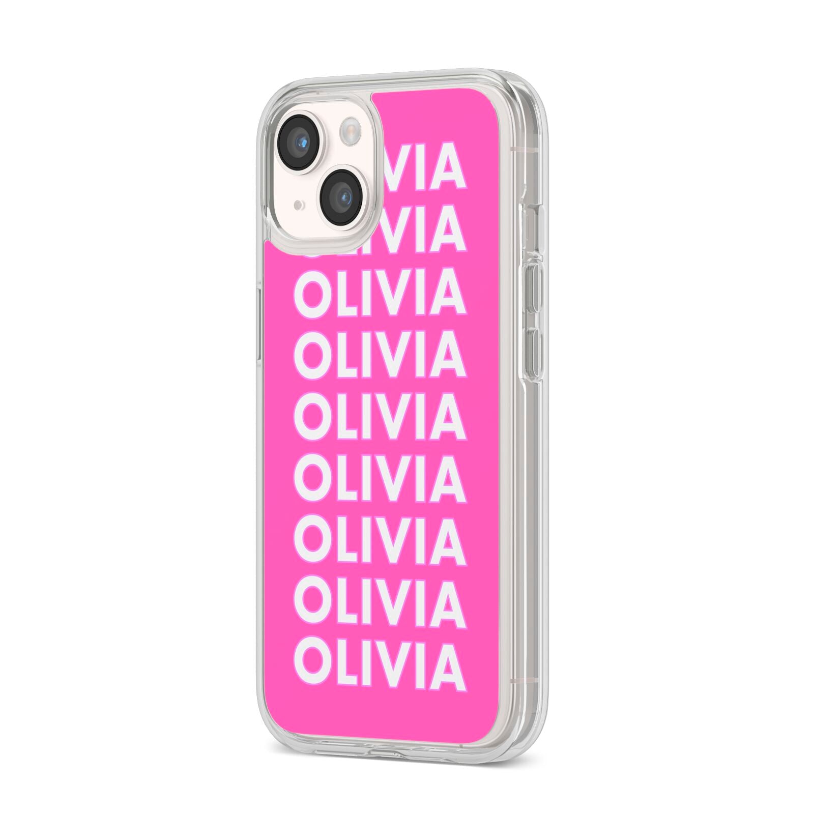 Personalised Pink Names iPhone 14 Clear Tough Case Starlight Angled Image