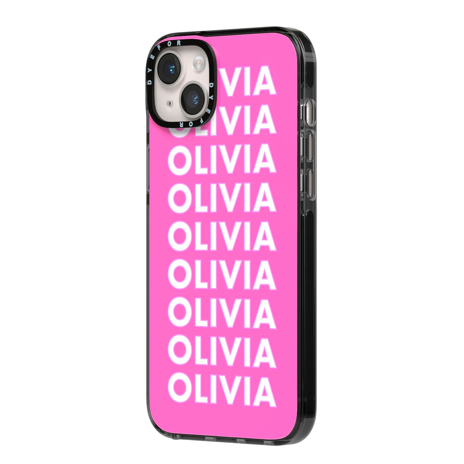 Personalised Pink Names iPhone 14 Plus Black Impact Case Side Angle on Silver phone