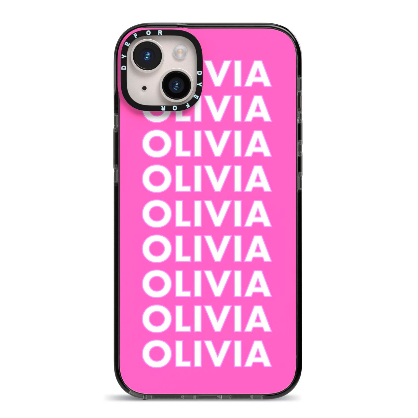 Personalised Pink Names iPhone 14 Plus Black Impact Case on Silver phone