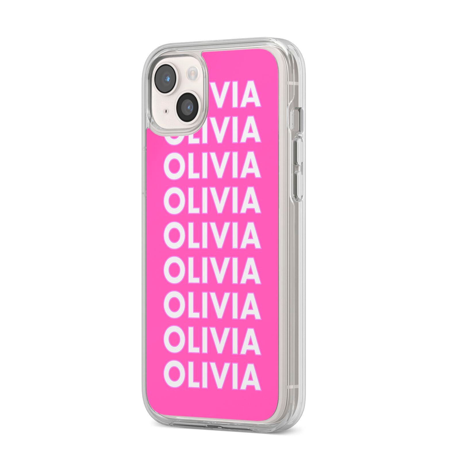 Personalised Pink Names iPhone 14 Plus Clear Tough Case Starlight Angled Image