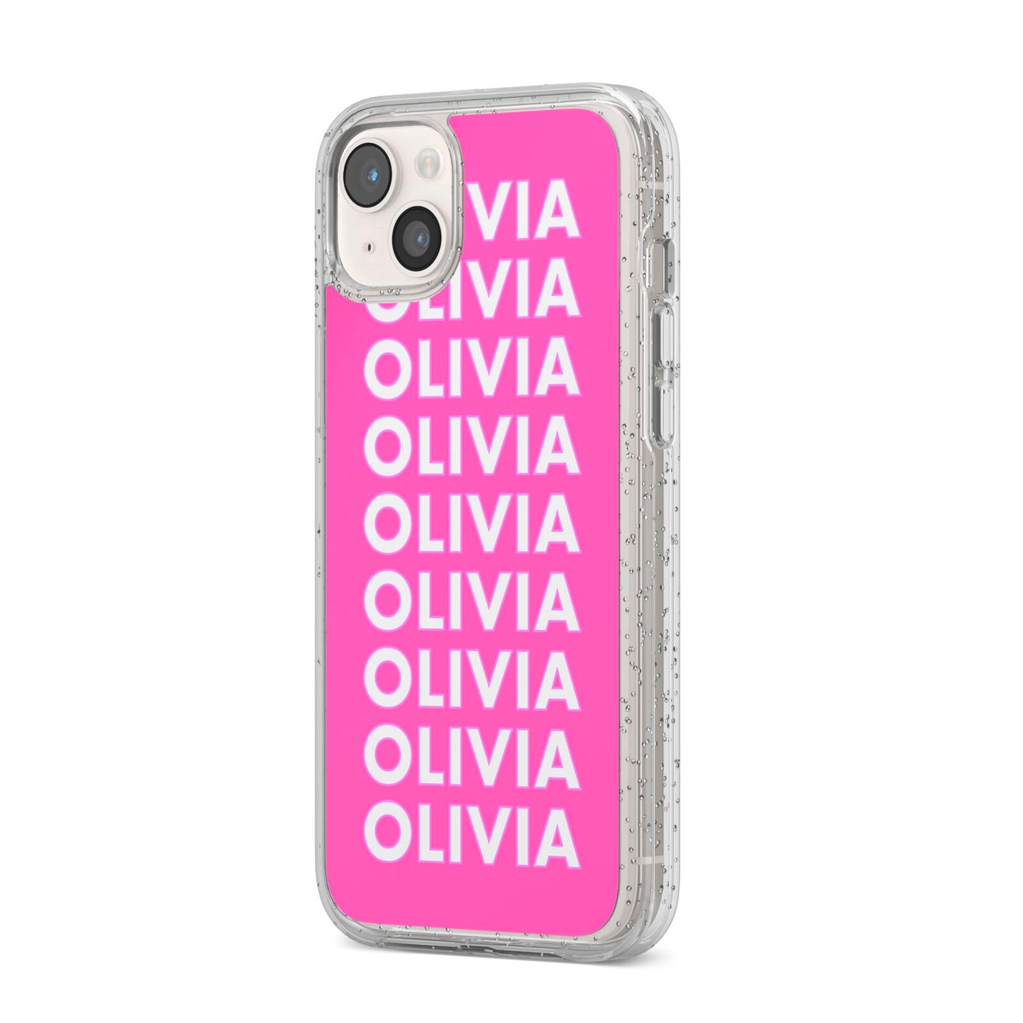 Personalised Pink Names iPhone 14 Plus Glitter Tough Case Starlight Angled Image