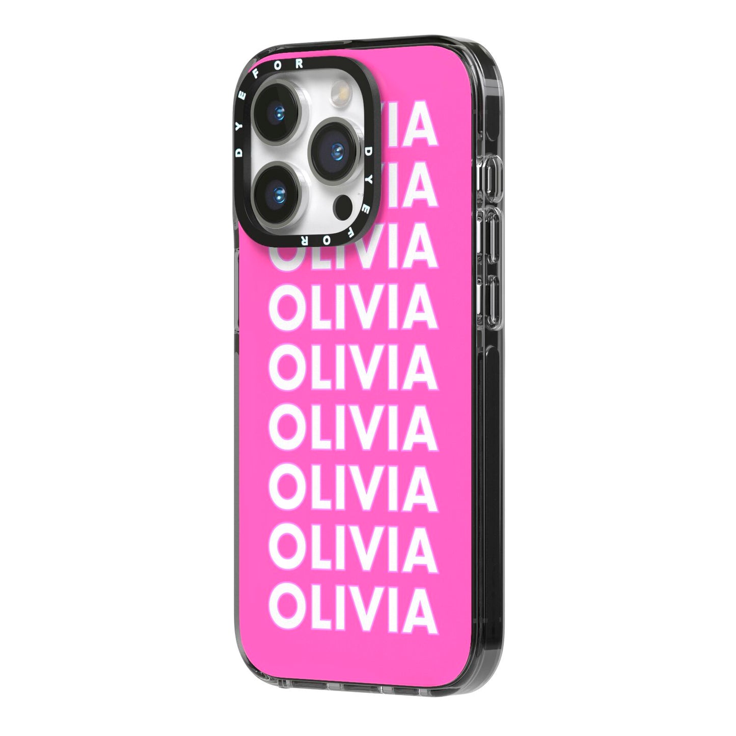 Personalised Pink Names iPhone 14 Pro Black Impact Case Side Angle on Silver phone