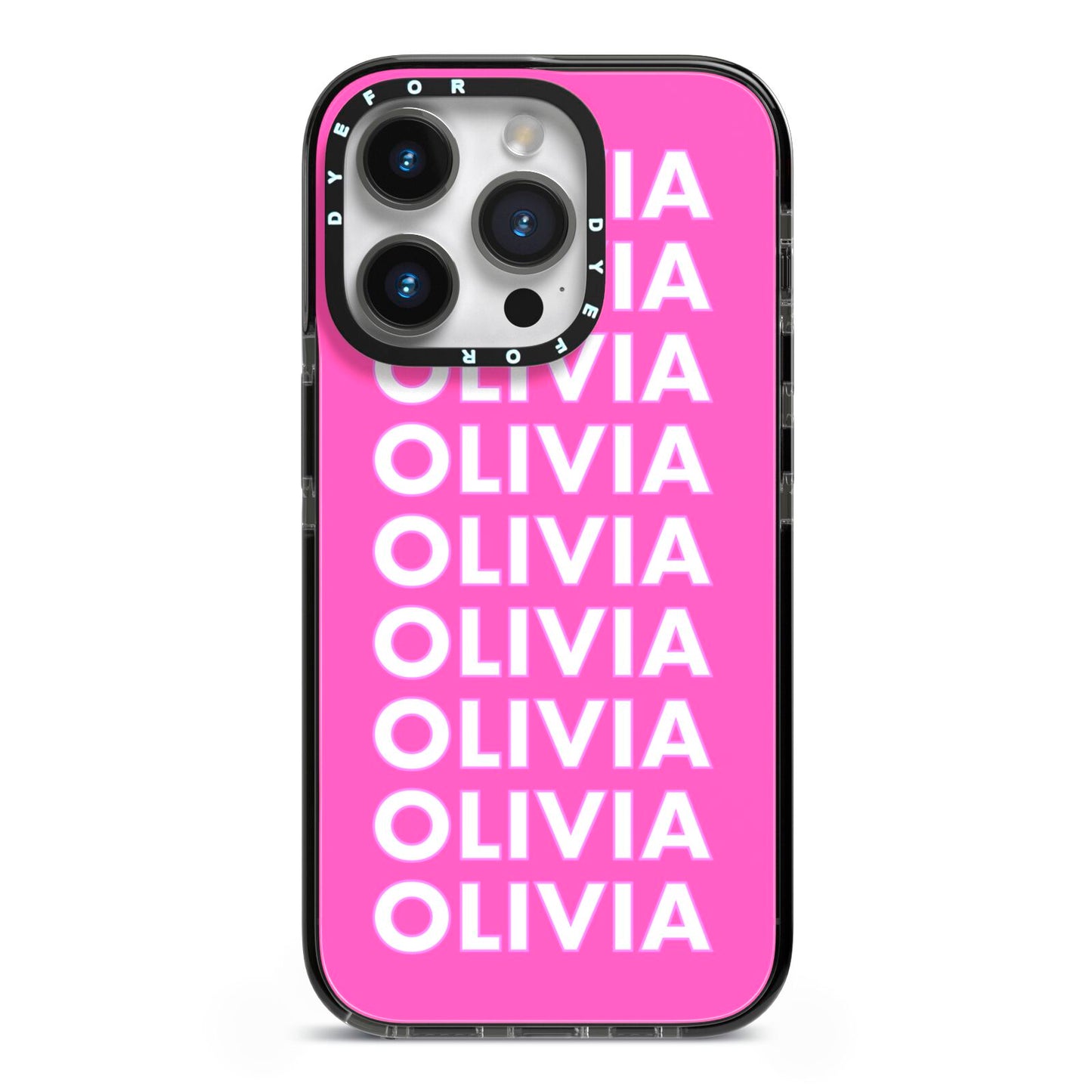 Personalised Pink Names iPhone 14 Pro Black Impact Case on Silver phone