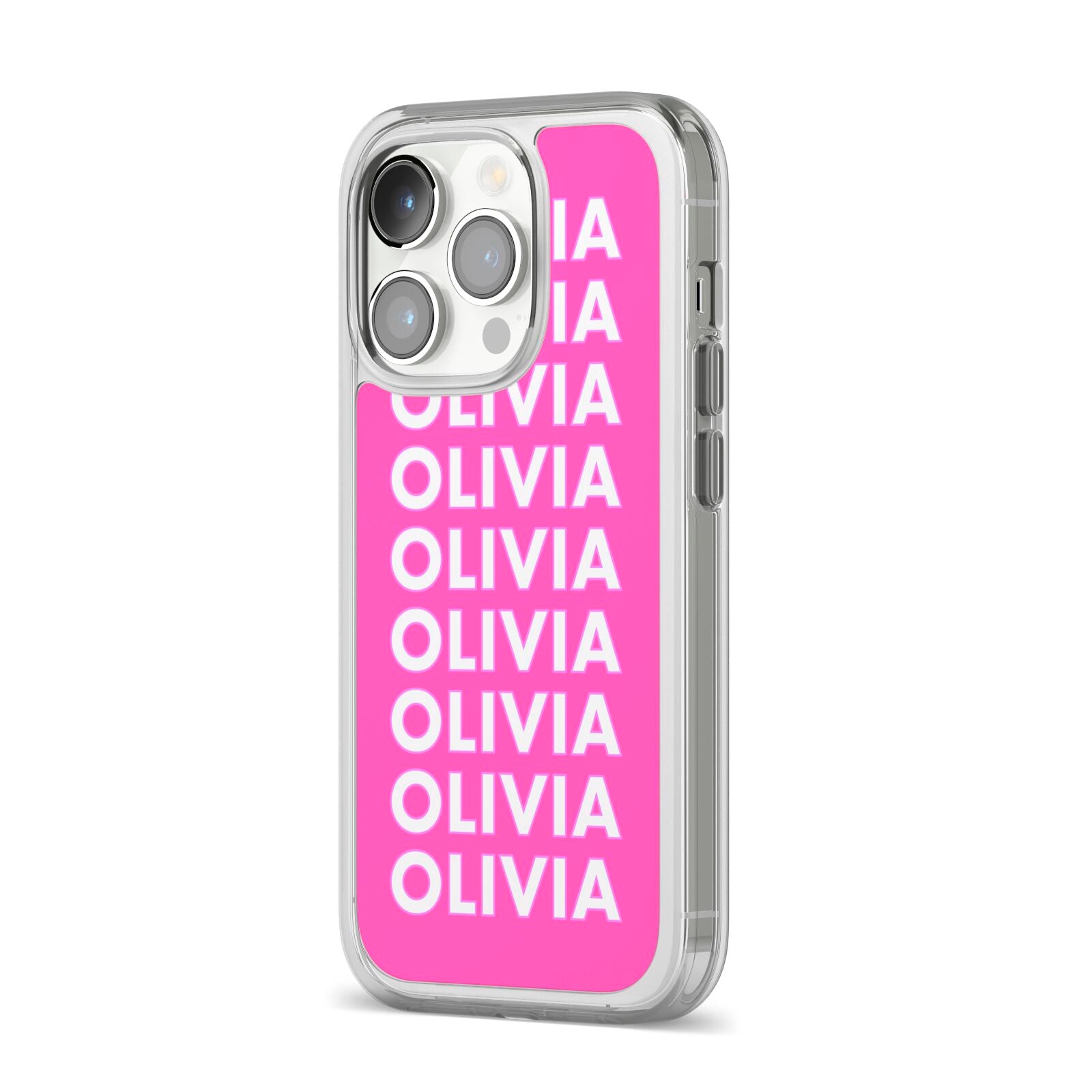 Personalised Pink Names iPhone 14 Pro Clear Tough Case Silver Angled Image