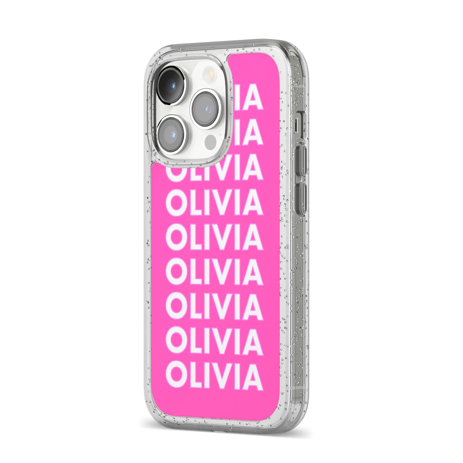 Personalised Pink Names iPhone 14 Pro Glitter Tough Case Silver Angled Image