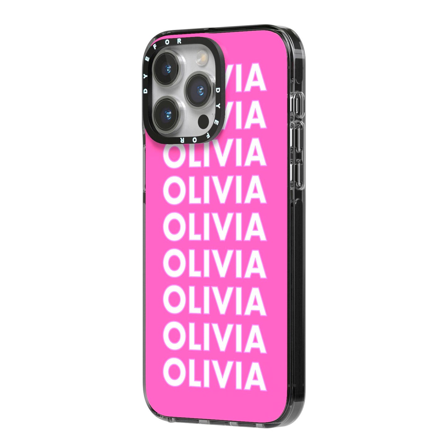 Personalised Pink Names iPhone 14 Pro Max Black Impact Case Side Angle on Silver phone