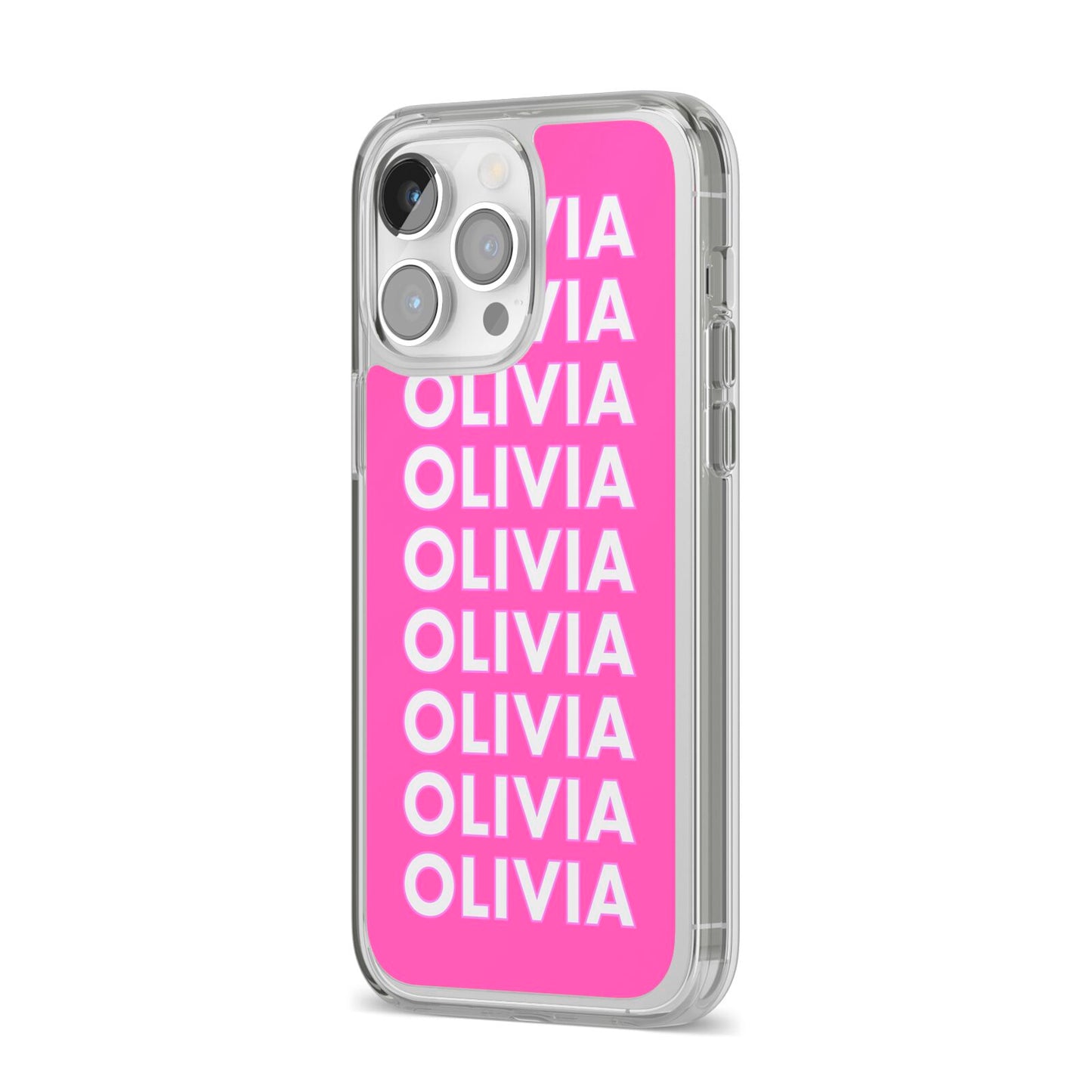 Personalised Pink Names iPhone 14 Pro Max Clear Tough Case Silver Angled Image