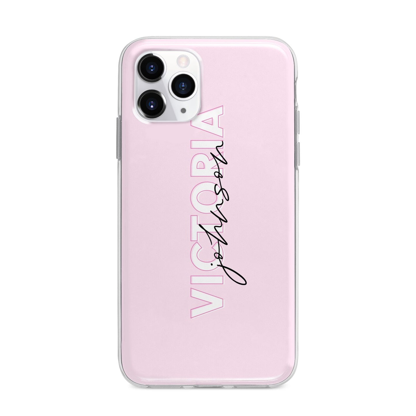 Personalised Pink Outline Name Apple iPhone 11 Pro Max in Silver with Bumper Case