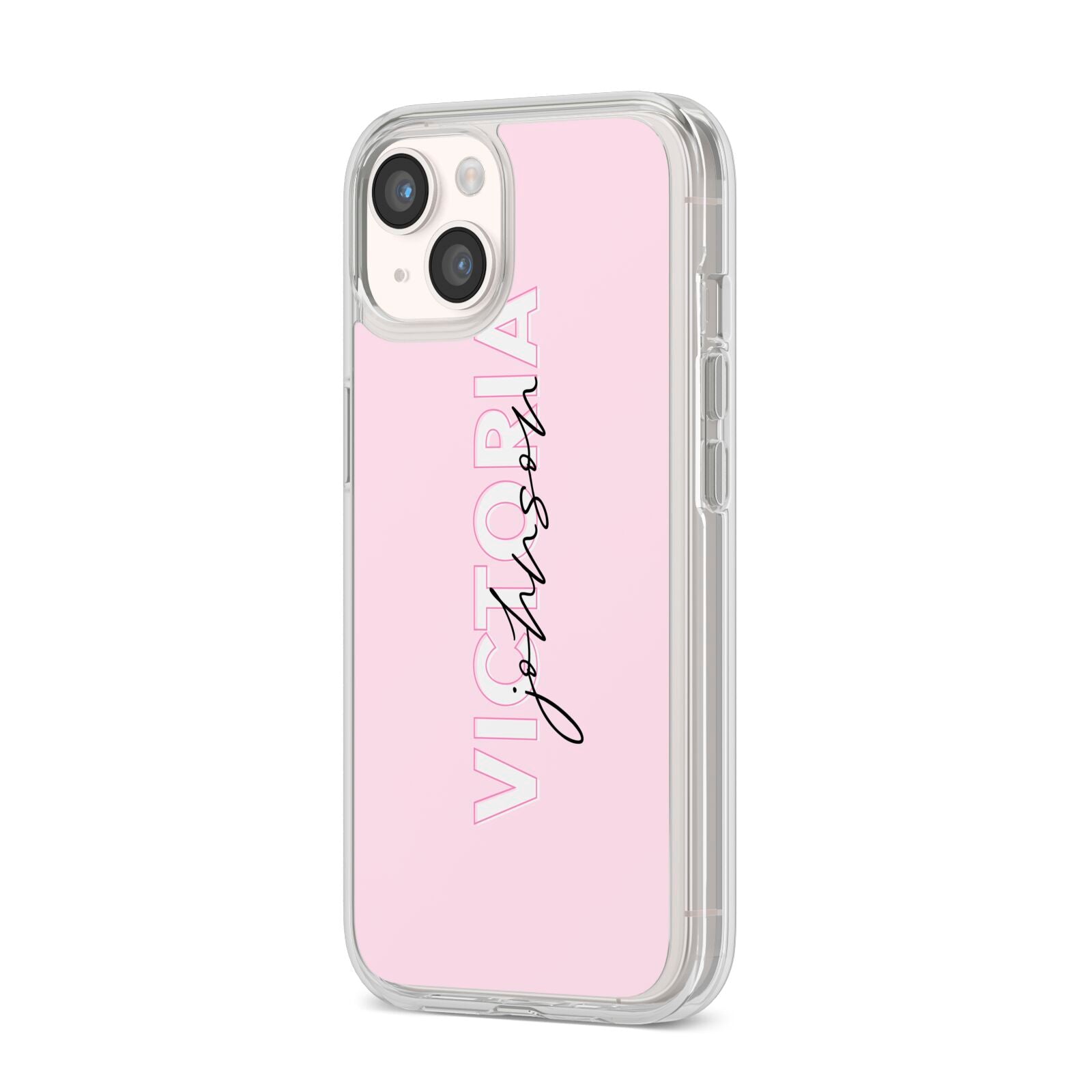 Personalised Pink Outline Name iPhone 14 Clear Tough Case Starlight Angled Image